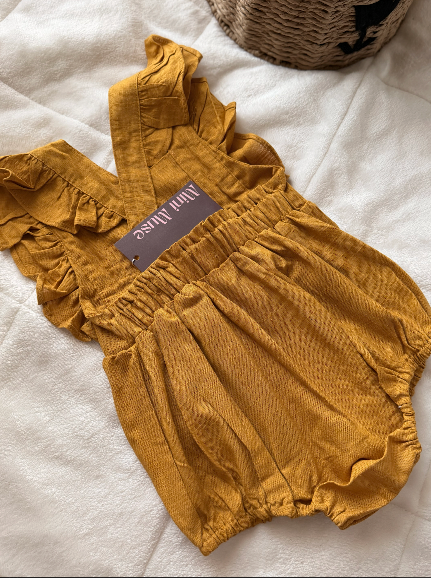 Baby Linen Romper – Mustard